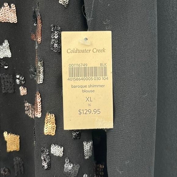 NEW Coldwater Creek Black Baroque Shimmer Blouse Gold Silver Sequin Women's XL - Picture 4 of 6